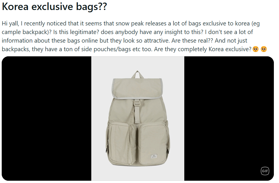 Screenshot of a discussion about exclusive Korean backpacks