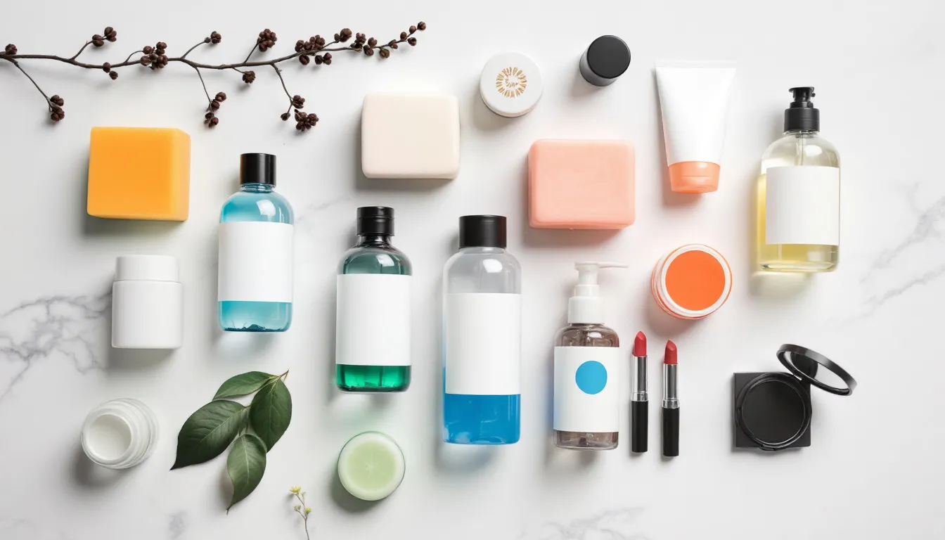 The image features a collection of personal care products, including soaps, shampoos, and cosmetics, arranged together, highlighting the use of ingredients like palm oil and coconut oil, which are common in many of these items. This assortment showcases the versatility of palm oil products in the personal care industry, emphasizing their role in meeting the world's vegetable oil demand.