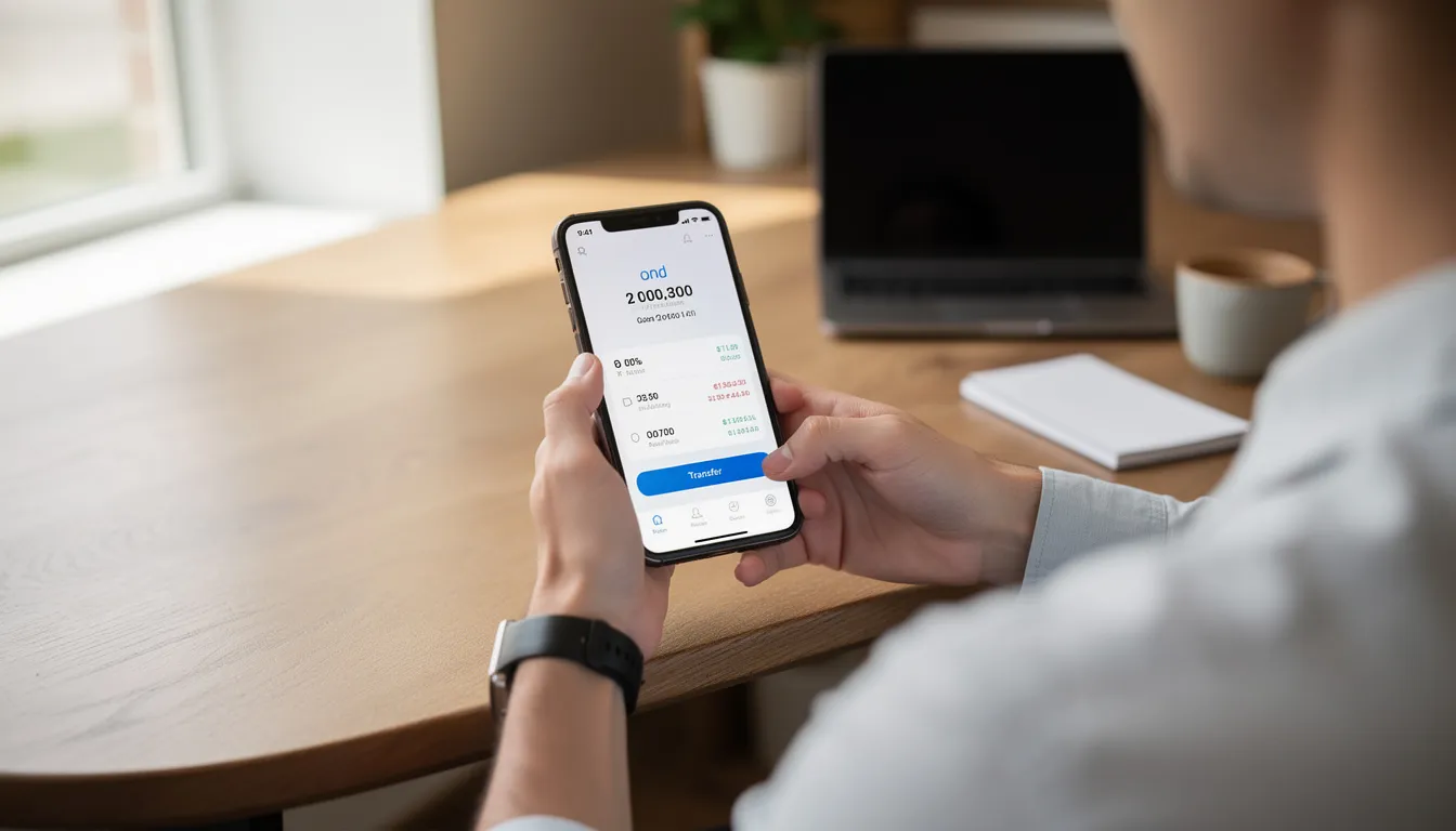 En person sitter på en bänk och använder sin mobiltelefon för digital bankverksamhet, vilket kan inkludera insättningar och uttag hos fastbet. Mobilen visar en app för online casino där användaren kan logga in för att spela ansvarsfullt och ta del av bonusar.