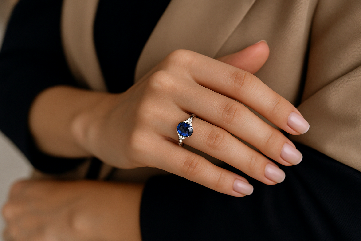Modern dizaino Žiedas su safyru ovalu ant bevardžio piršto