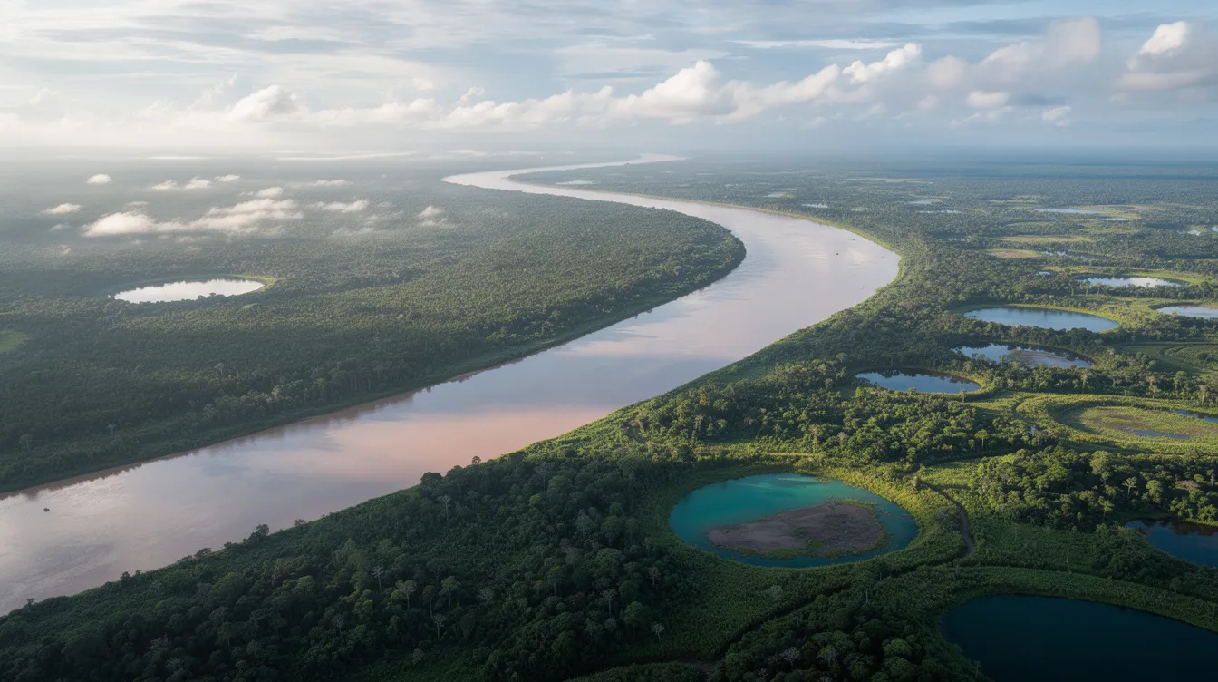 An aerial view captures the winding Amazon River surrounded by flooded forests and scattered lagoons, showcasing the lush greenery of the Amazon rainforest. This vibrant ecosystem is home to diverse species, including the wild arapaima, one of the largest freshwater fish, and highlights the beauty and complexity of the Amazon basin's natural landscape.