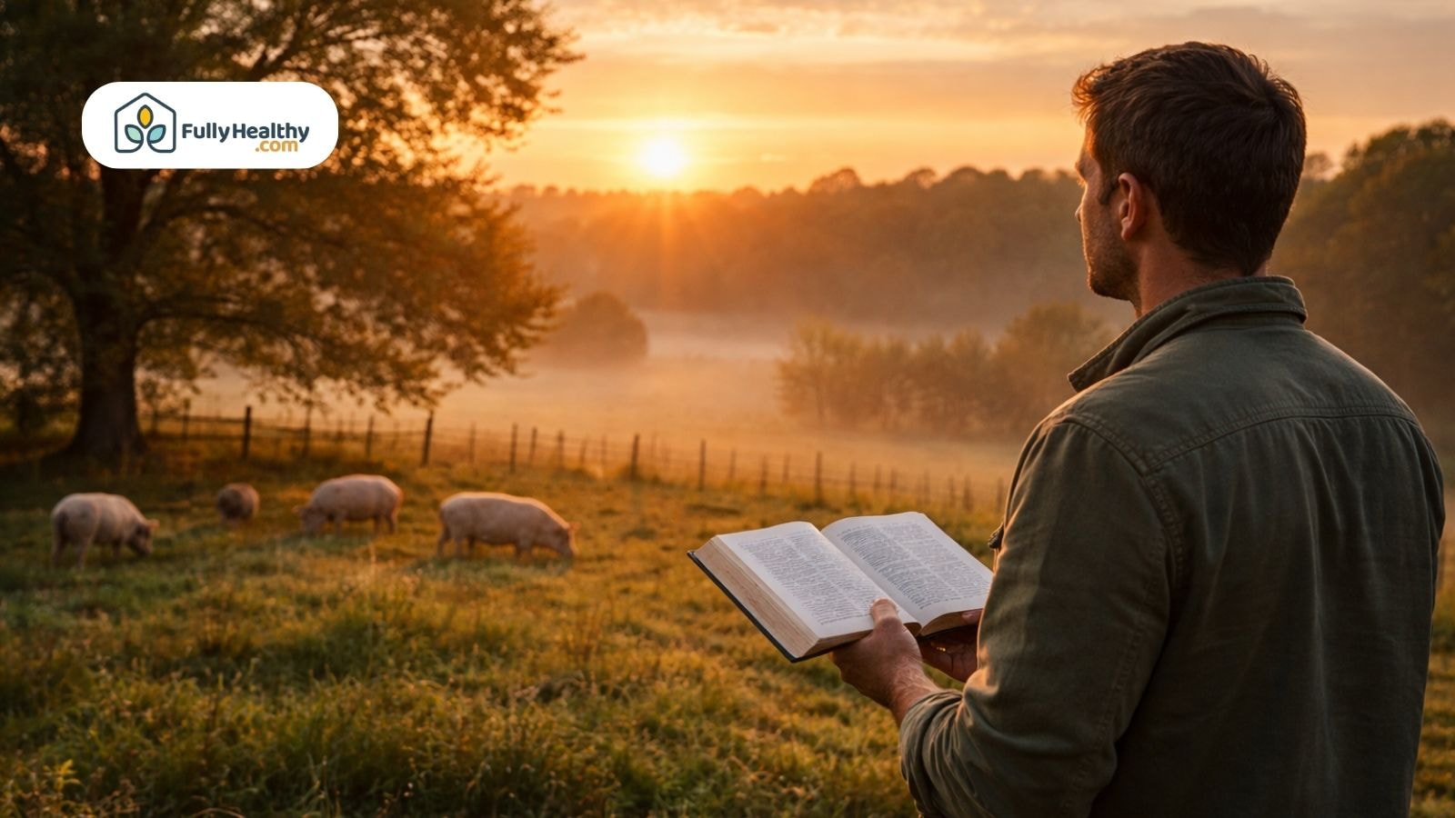 Man reading Bible outdoors with pigs grazing at sunrise