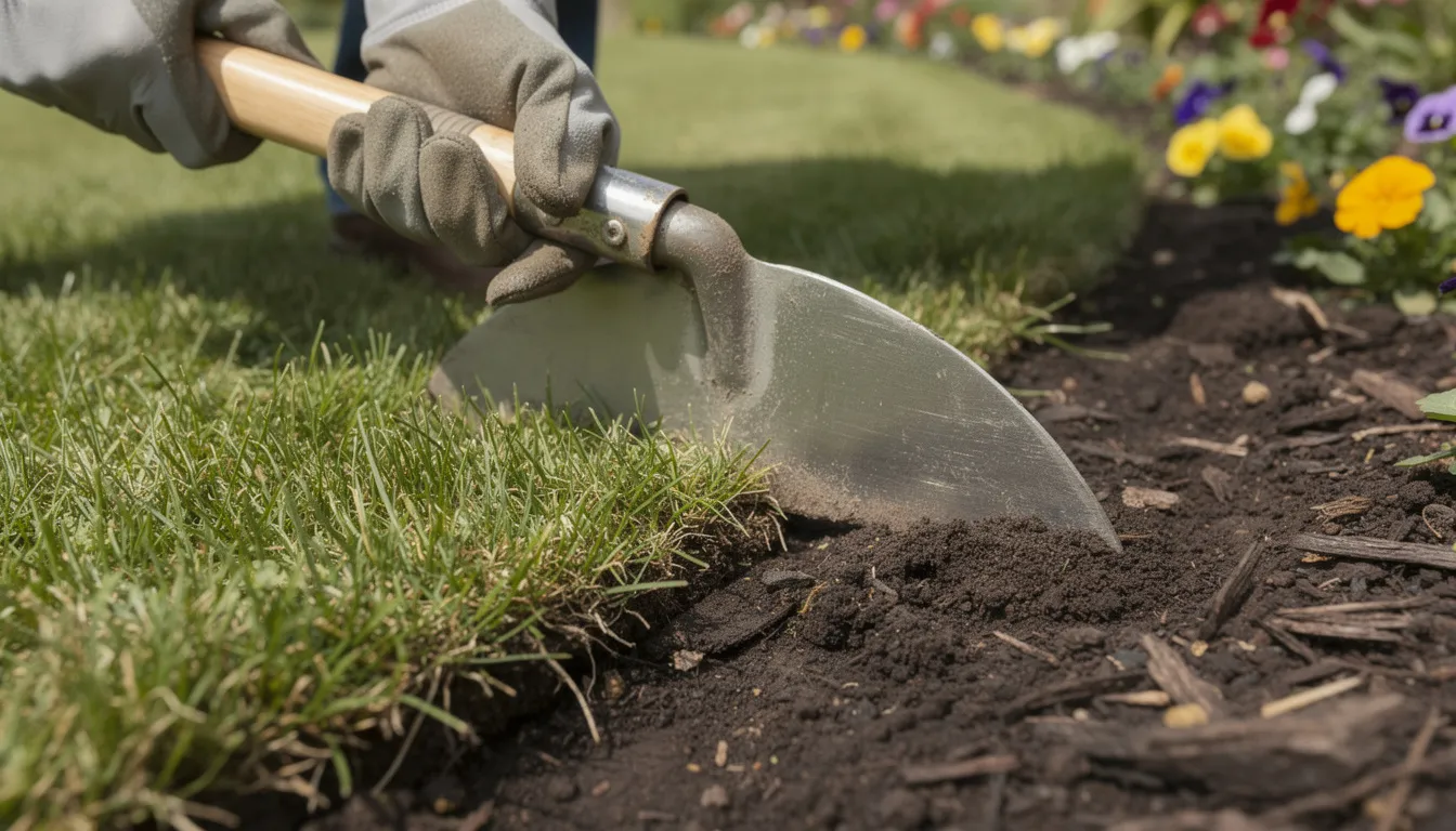 A close-up image shows hands using a half-moon edging tool to create a neat lawn edge alongside a flower bed, emphasizing the importance of spring lawn maintenance for a healthy, lush green lawn. The tool helps define the boundary, preventing weeds and promoting the growth of existing grass roots.