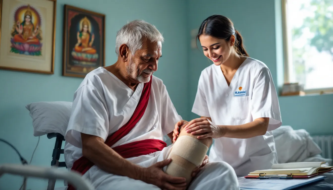An elderly man is receiving physiotherapy in an Indian hospital to treat knee osteoarthritis, focusing on strengthening exercises and manual therapy to manage knee pain and improve joint mobility. The session aims to relieve pain and enhance the quality of life for knee OA patients.