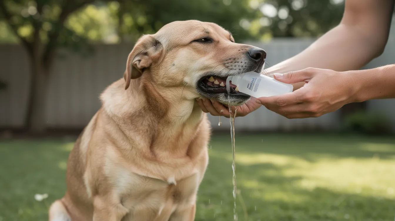 A person is gently rinsing a dog's mouth outdoors with water flowing downward, ensuring the pet is safe from potential cane toad toxins. The scene highlights the importance of pet care in areas where invasive species like the cane toad may pose a risk to dogs and other pets.