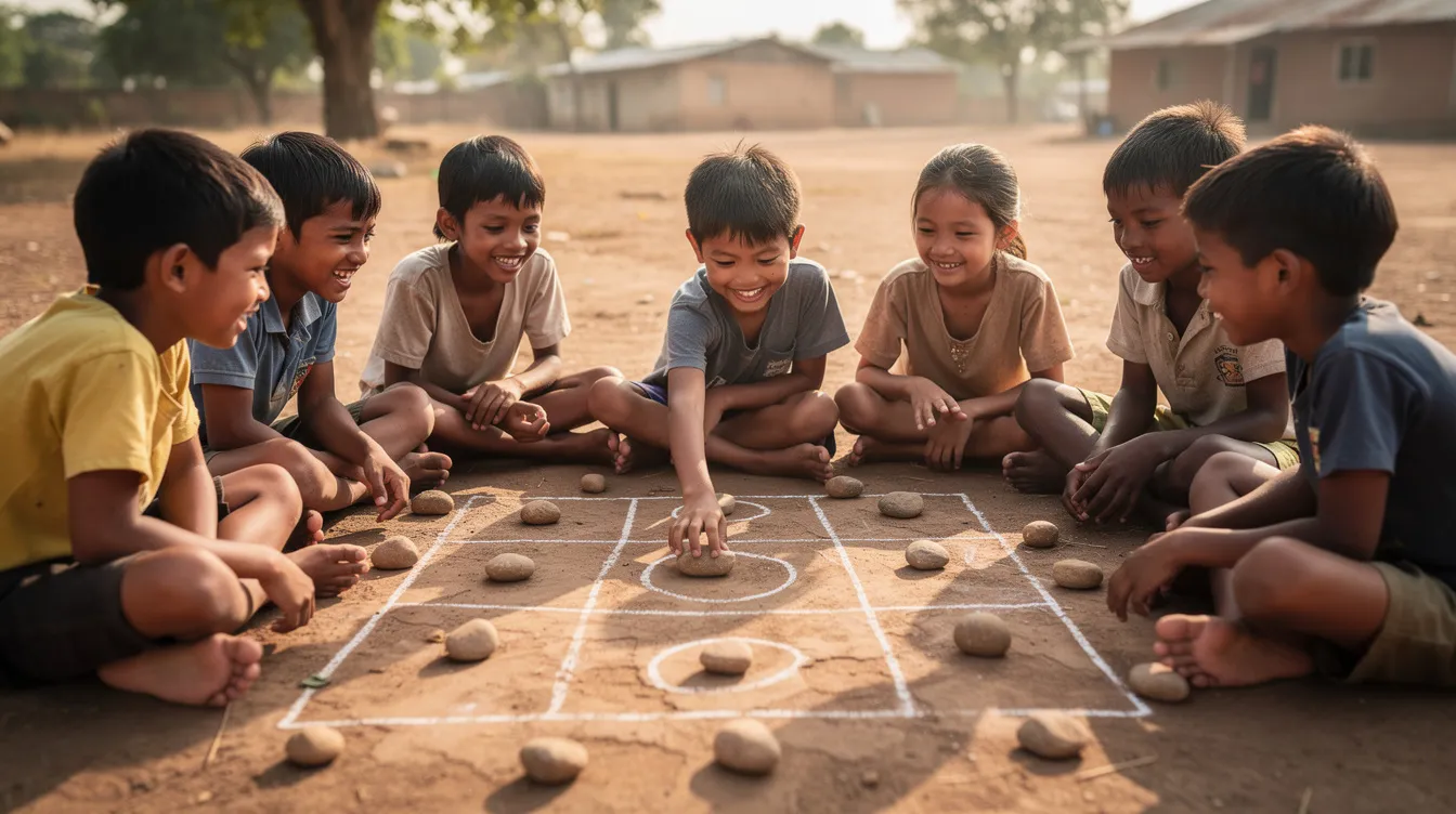 A group of children sits in a circle on the ground, engaged in a traditional game using stones and a hand-drawn star-shaped board. The players form two equal teams, eagerly participating in this fun game that showcases traditional children's games played around the world.