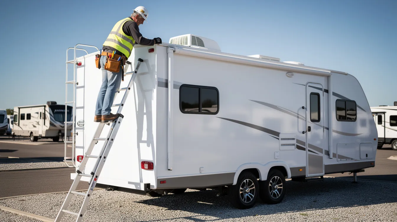 A technician is on a ladder inspecting the roof of a white travel trailer, ensuring that any potential leaks or maintenance issues are addressed. This professional mobile RV repair service helps protect your investment and provides essential upkeep for your RV.