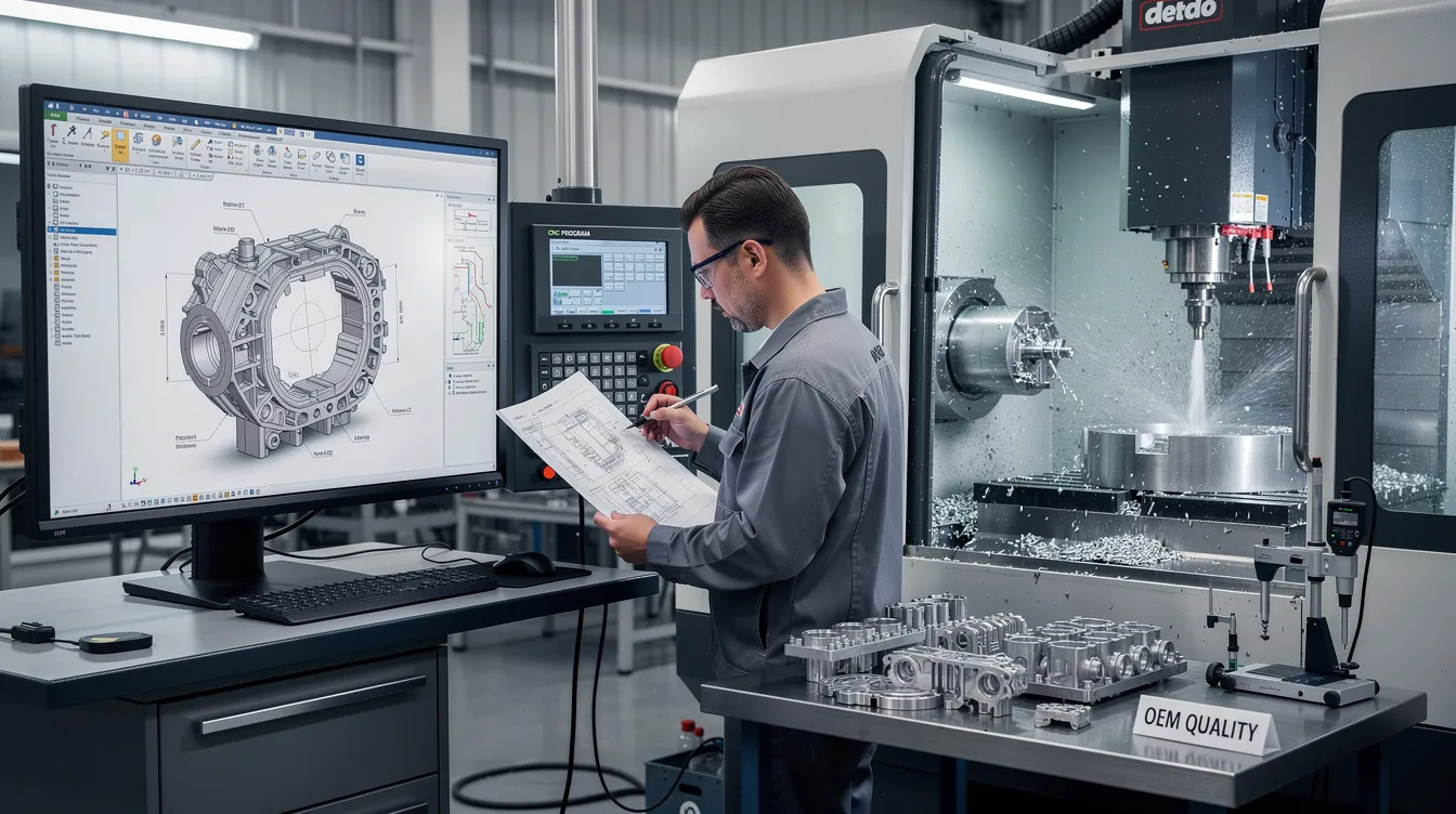 The image illustrates the process of CNC manufacturing, showcasing a computer-aided design (CAD) model alongside a CNC machine in action, producing precise OEM parts. The scene highlights the versatility of CNC machining, including milling and turning operations, with a focus on complex geometries and minimal human intervention for high-quality, high-volume production.