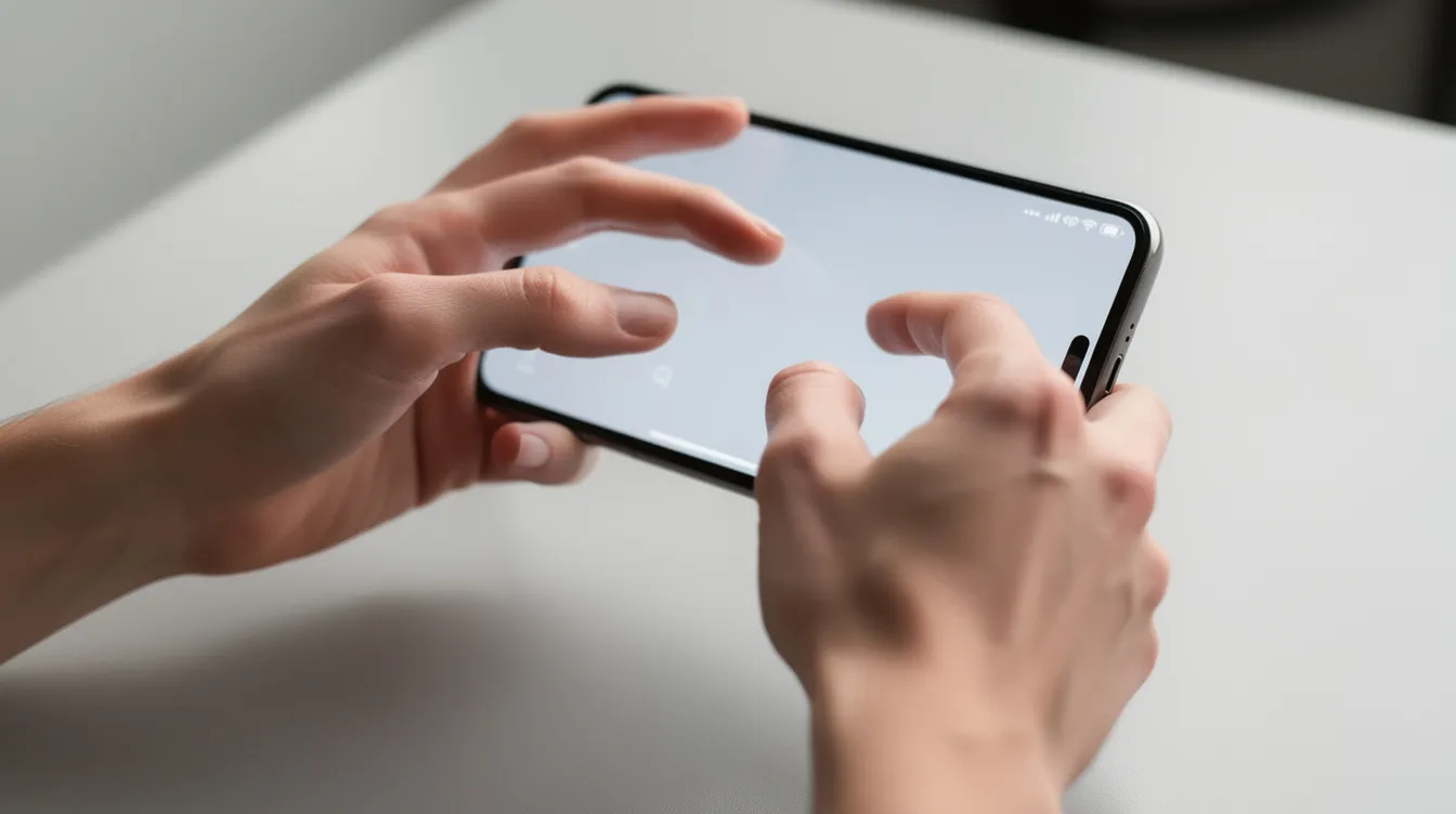 Auf dem Bild sind Hände zu sehen, die auf einem Smartphone-Touchscreen tippen. Die Finger bewegen sich über das Display, während sie Zeichen und Buchstaben eingeben, möglicherweise um eine Nachricht zu verfassen oder eine Tastenkombination zu nutzen.
