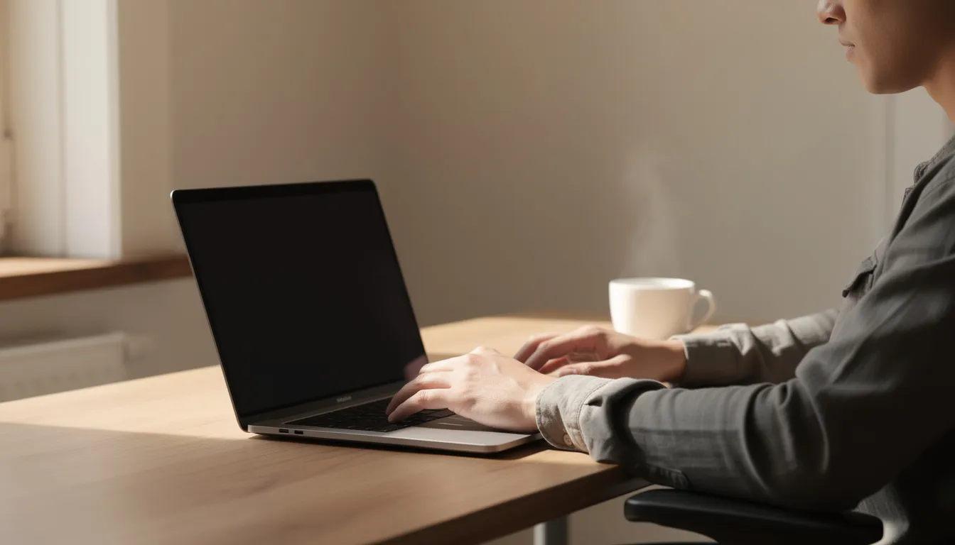 En person sitter vid ett skrivbord och använder en laptop, medan en kaffekopp står bredvid. Denna scen kan relateras till online casino, där spelare kan njuta av olika spel och bonusar, som till exempel 99 free spins.