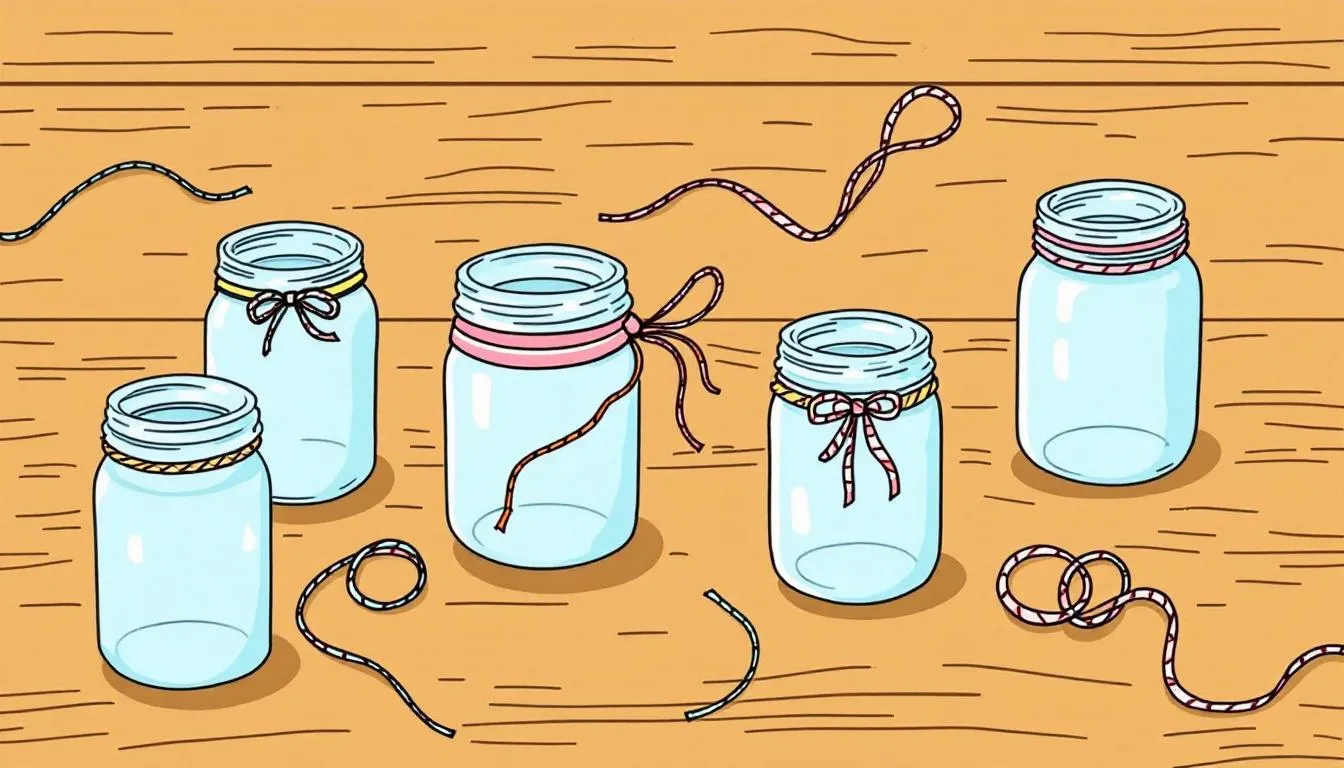 Tips for decorating mason jars, showcasing various decorative elements like ribbons and twine.