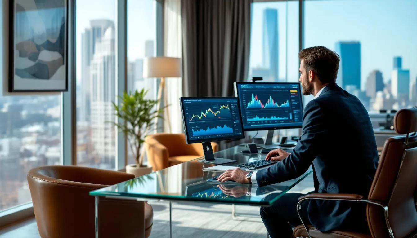In a modern hotel office, a hotel manager is intently analyzing pricing data displayed on multiple computer screens, utilizing dynamic pricing tools to assess market trends and competitor pricing. This data-driven approach aids in formulating an effective dynamic pricing strategy to optimize room rates and enhance revenue management.