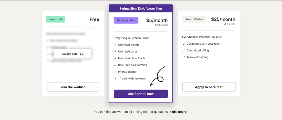 Scrintal's  pricing page.