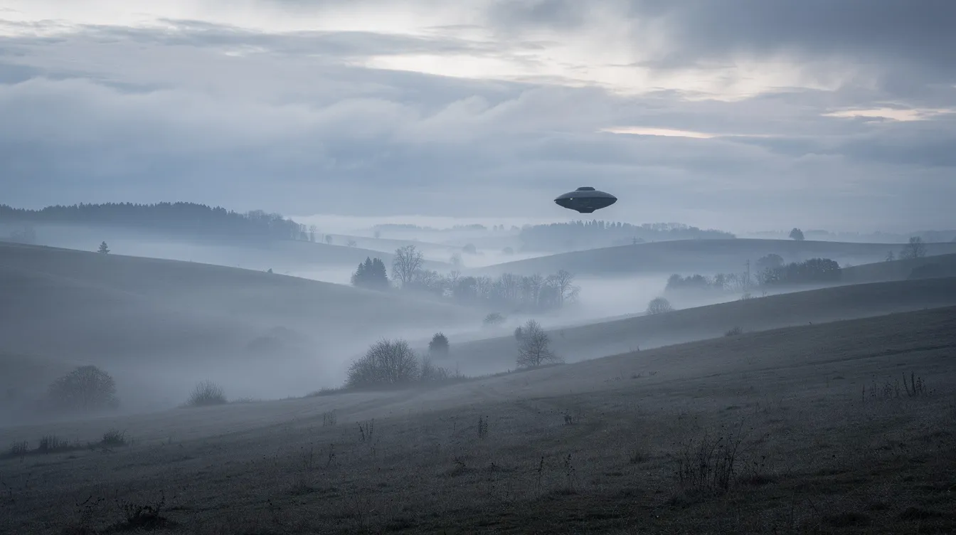Das Bild zeigt ein weites Panorama einer nebelverhangenen Hügellandschaft im kalten Morgenlicht, in der Ferne schwebt ein dunkles, elliptisches Objekt knapp über dem Boden. Diese Szene könnte die Atmosphäre eines Science-Fiction-Dramas darstellen, in dem die Menschheit mit außerirdischen Wesen in Kontakt tritt.