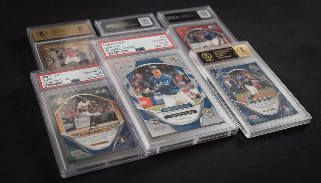 The image shows a close-up view of sports cards securely housed in professional grading cases, specifically PSA and BGS slabs, highlighting the condition and value of these trading cards. Collectors can easily recognize specific cards and track their prices using tools like a card price guide.