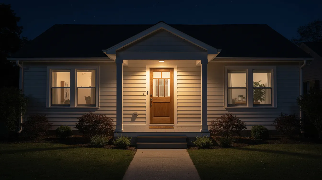 The image shows a well-lit home exterior at night, with a warm glow from the porch light illuminating the front door, creating a welcoming atmosphere. This scene emphasizes the importance of home safety and security, particularly in relation to laws surrounding concealed firearms and public safety in Louisiana.