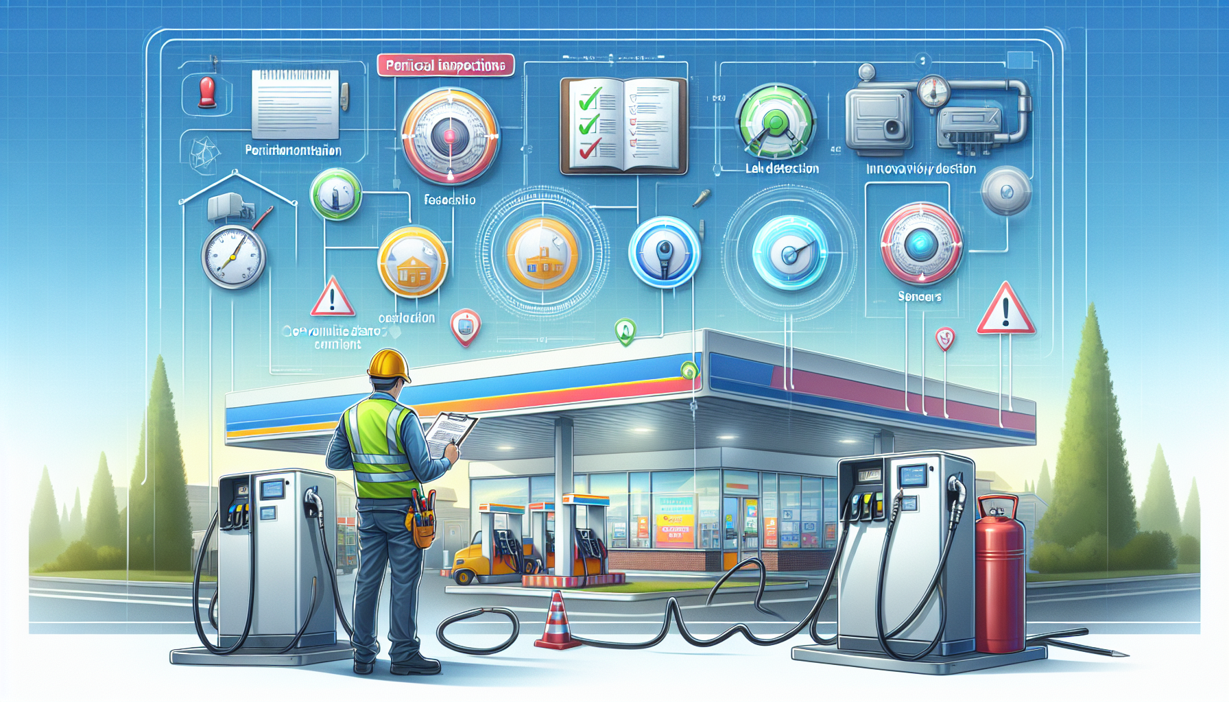 An illustration depicting maintenance practices for convenience store fuel tanks, highlighting inspections and leak detection.