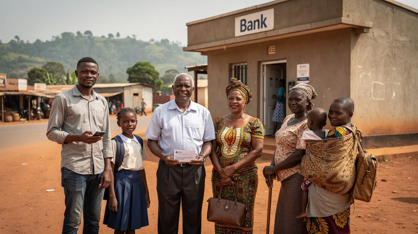 A diverse group of Rwandan individuals of various ages stands outside a bank agency in a small town, showcasing the community's engagement with financial institutions. This scene reflects the importance of banking services and financial inclusion in Rwanda, emphasizing access to essential services tailored for all members of the community.