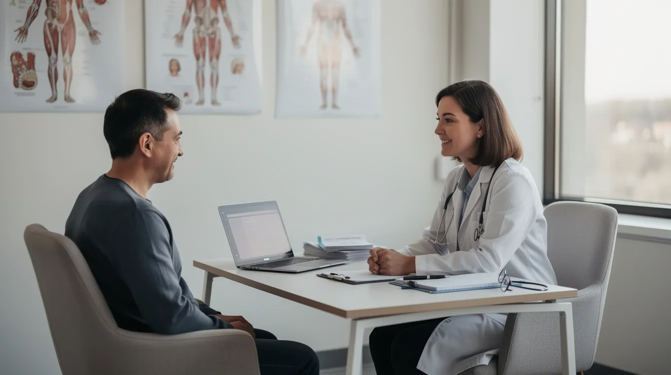 The image shows a person sitting across from a doctor in a consultation room, discussing medical concerns possibly related to a car accident. The setting suggests a focus on medical treatment and the implications of injuries, which may relate to car accident claims and the associated medical expenses.