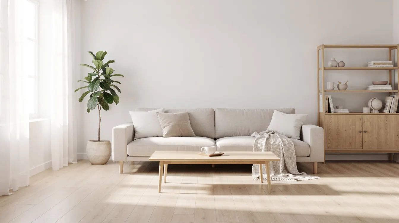 Ett ljust skandinaviskt vardagsrum med en beige bäddsoffa med divan, som är prydd med mjuka täcken och kuddar. Rummet har även trädetaljer som ger en varm och inbjudande känsla, perfekt för avkoppling och gäster.