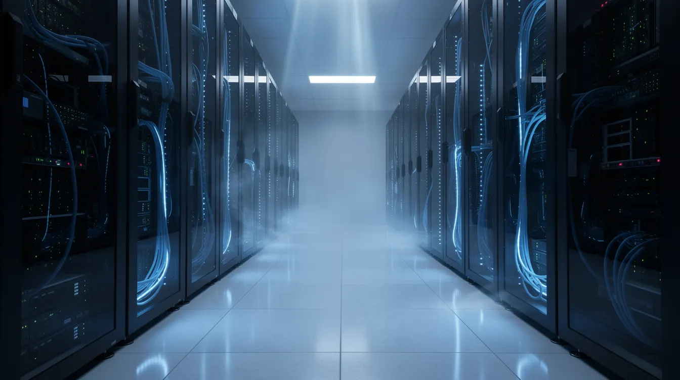 The image depicts a modern server room filled with rack-mounted servers, interconnected by glowing blue network connections, symbolizing high-dimensional data processing. This setup is essential for tasks like semantic search and fast similarity search in vector databases, which utilize advanced machine learning models to enhance data retrieval and organization.