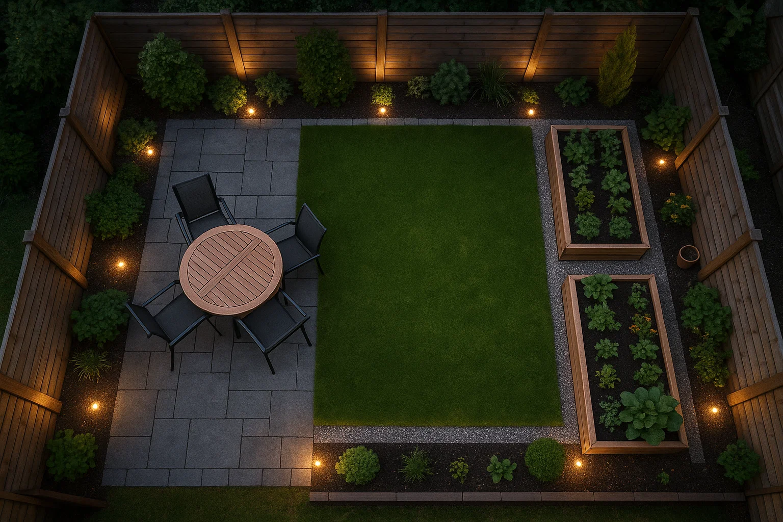 Zoned garden layout featuring patio area, soft planting, and seating space.