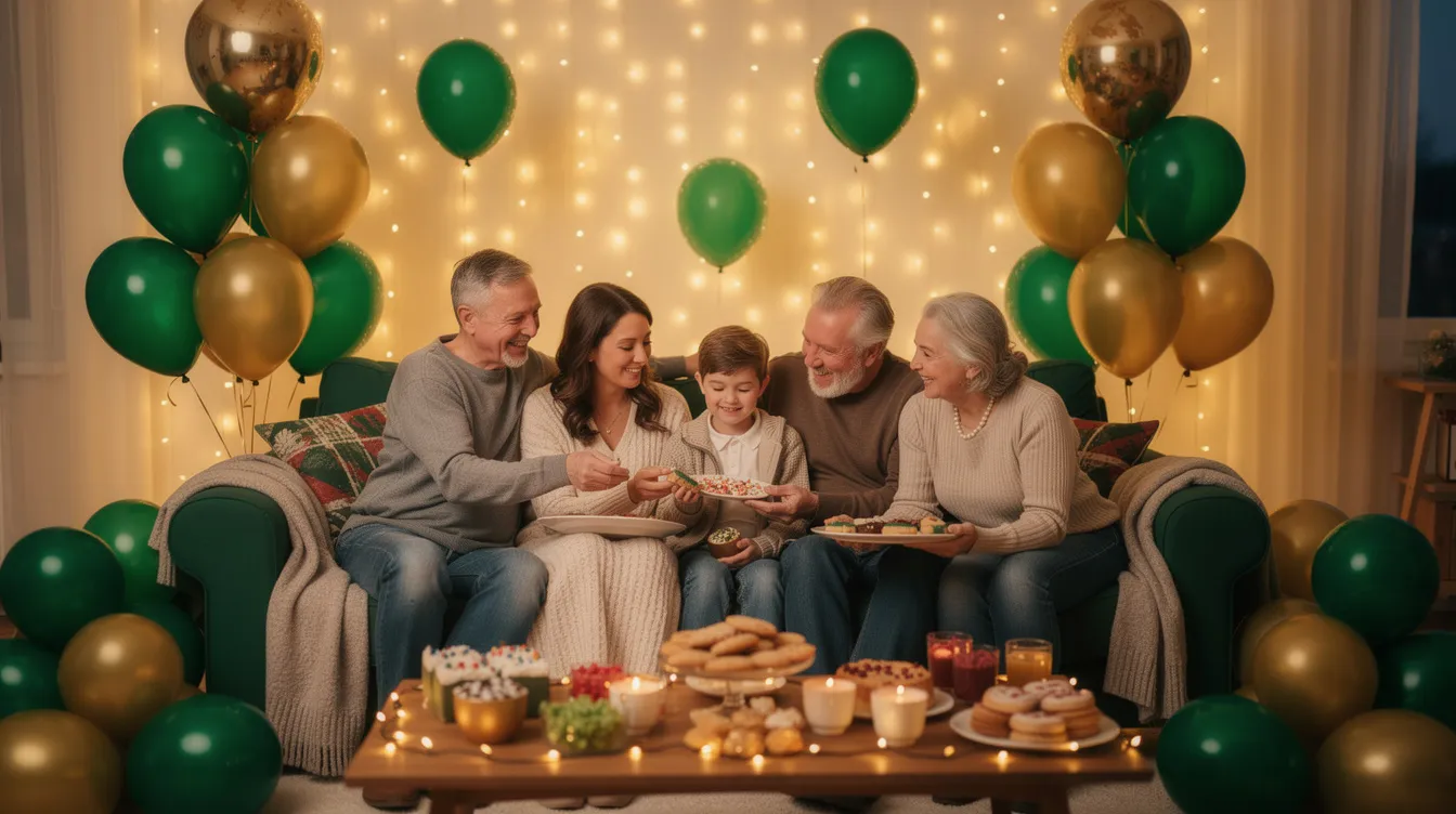 A family gathers in a warmly decorated living room adorned with green and gold balloons, joyfully sharing festive treats like pineapple tarts and snacks during the hari raya season. The scene captures a wonderful time of celebration, emphasizing the spirit of gratitude and appreciation among loved ones.