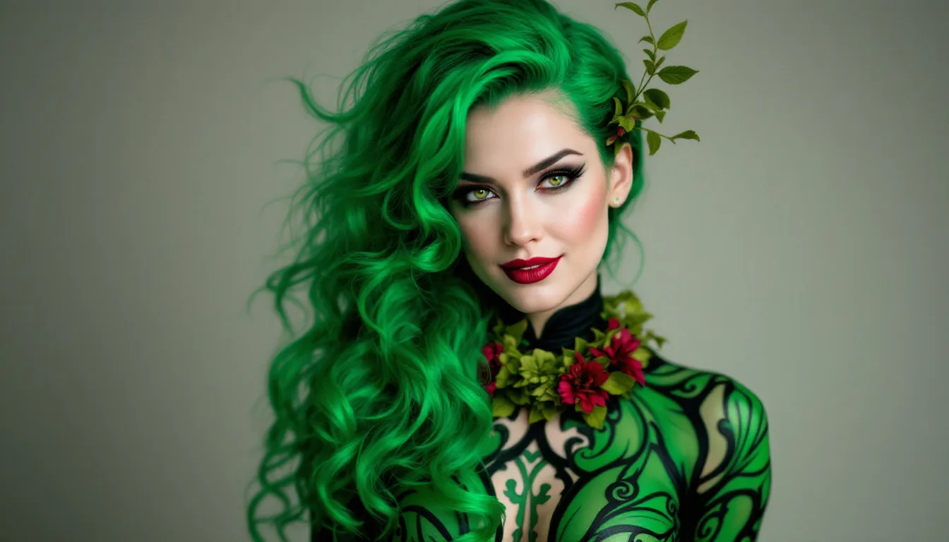 A woman dressed in a vibrant green adult poison ivy costume, photo included green accessories