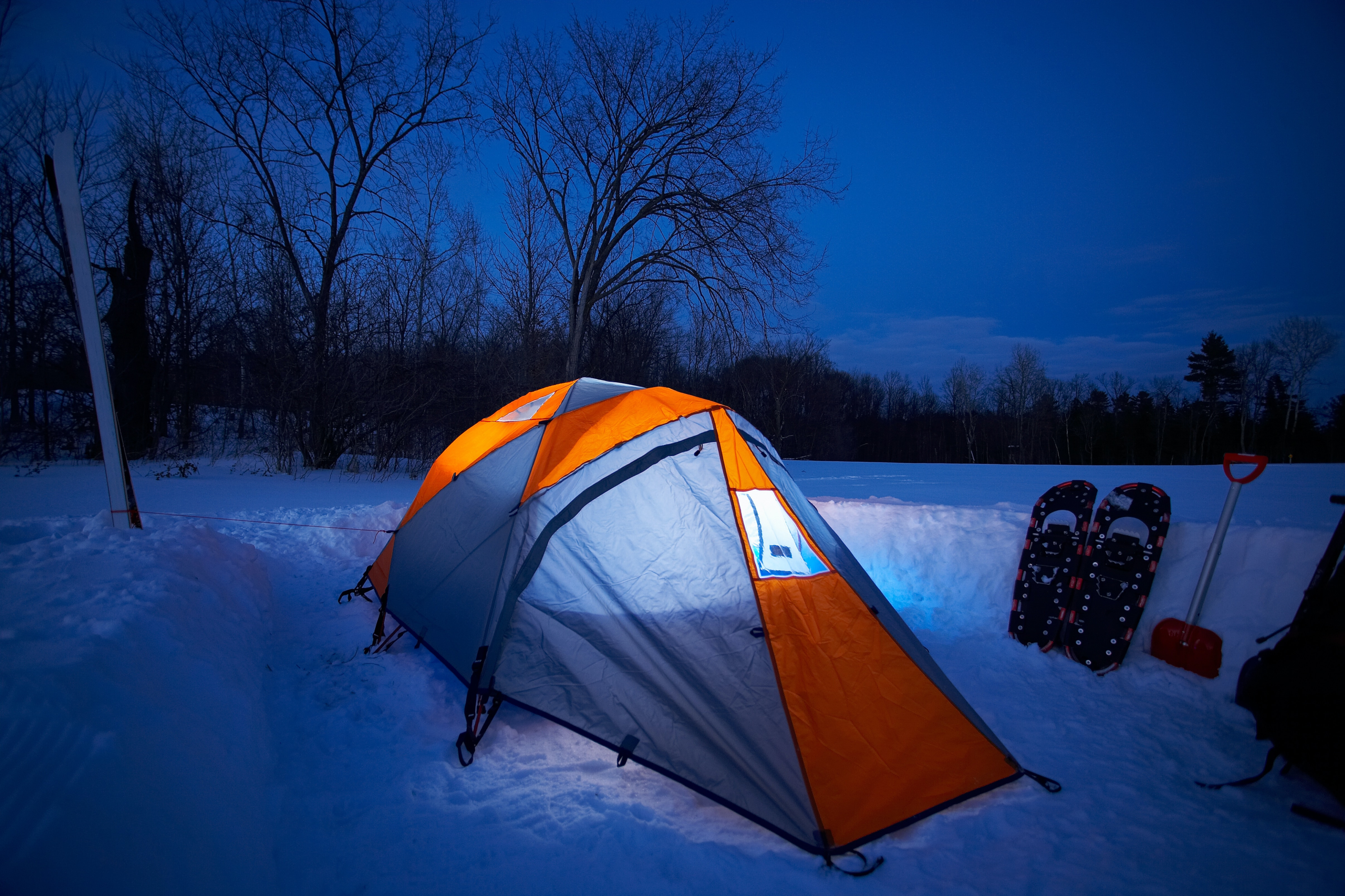 free camping, tent in winter
