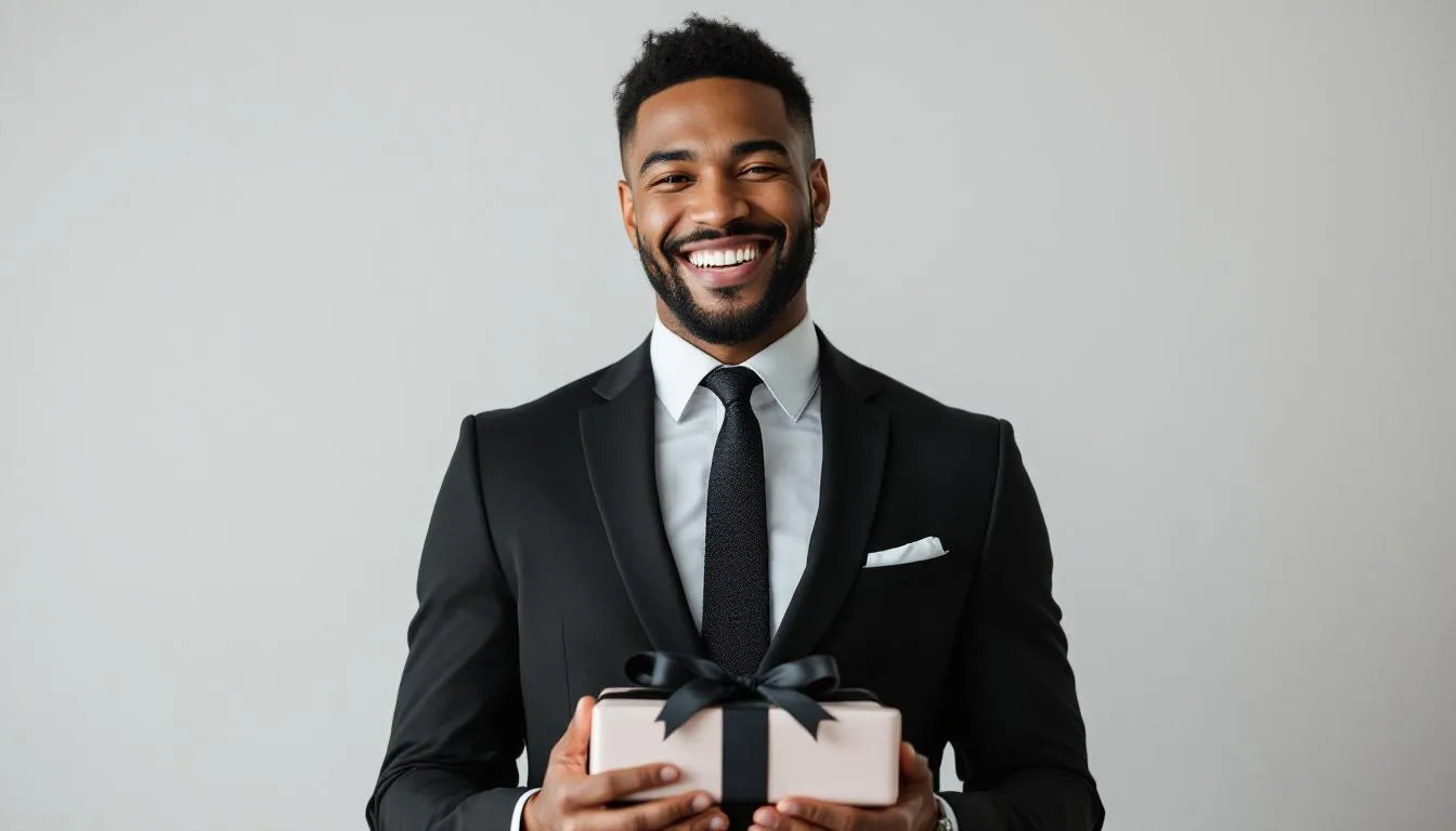 Een man die geniet van zijn cadeau, met een glimlach op zijn gezicht.