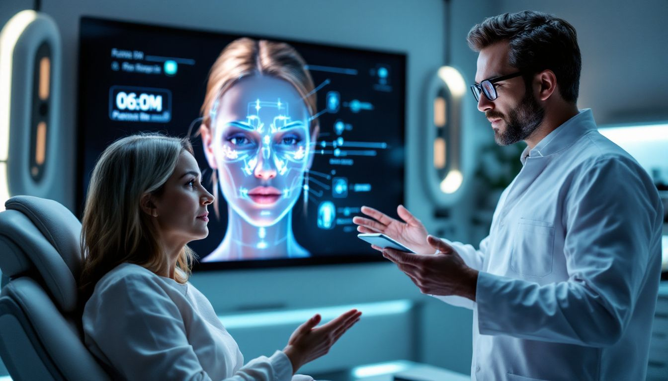 A consultation scene between a patient and a plastic surgeon using AI tools.