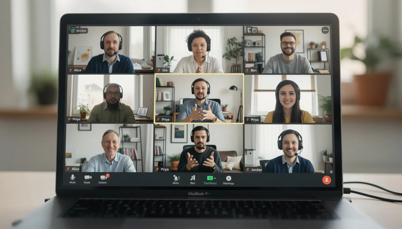 The image depicts a video call featuring a remote standup meeting with multiple participants, including project managers and software developers, discussing project updates and collaborating seamlessly. This virtual gathering highlights the benefits of staff augmentation, showcasing an augmented team of skilled professionals working together to meet tight deadlines and achieve project success.
