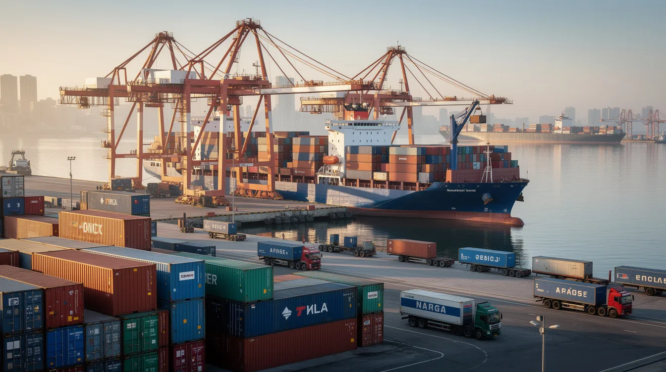 The image depicts a busy port filled with colorful shipping containers and towering cranes actively loading cargo, symbolizing the crucial role of international logistics in transporting CNC machined parts and custom components across various industries. This scene highlights the importance of precision machining and manufacturing capabilities in meeting the demands of global trade.