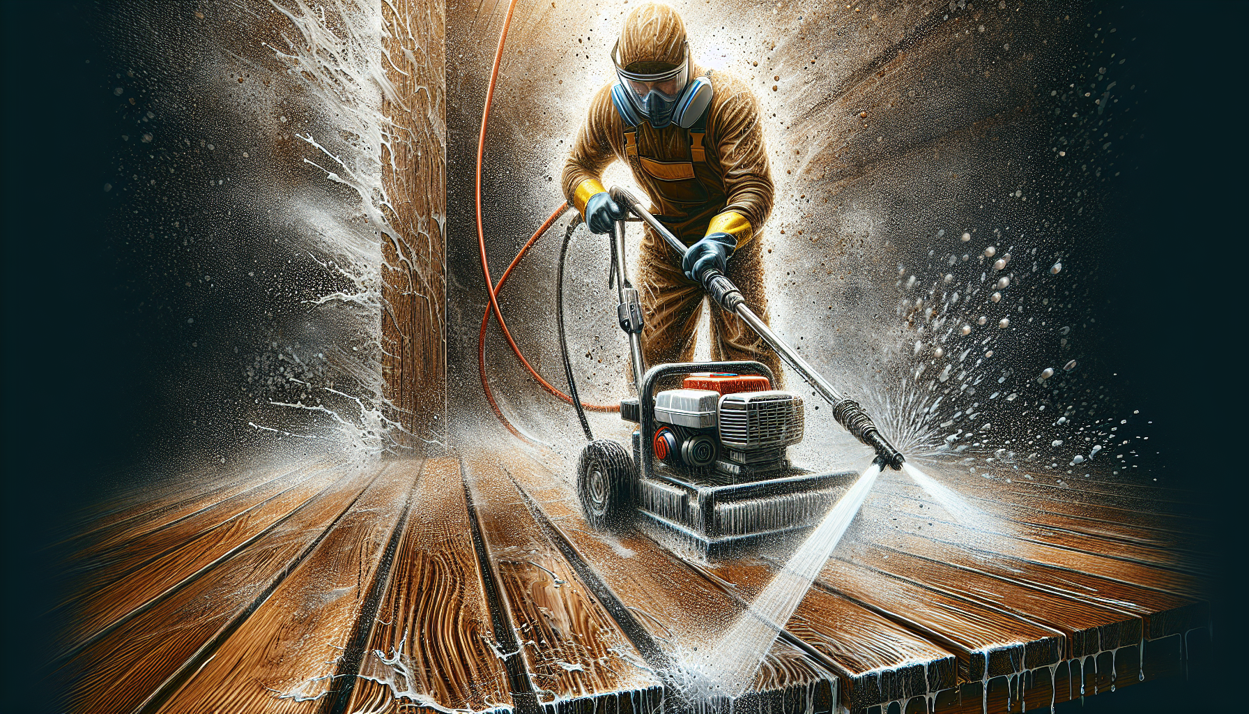Professional power washing of a wooden deck