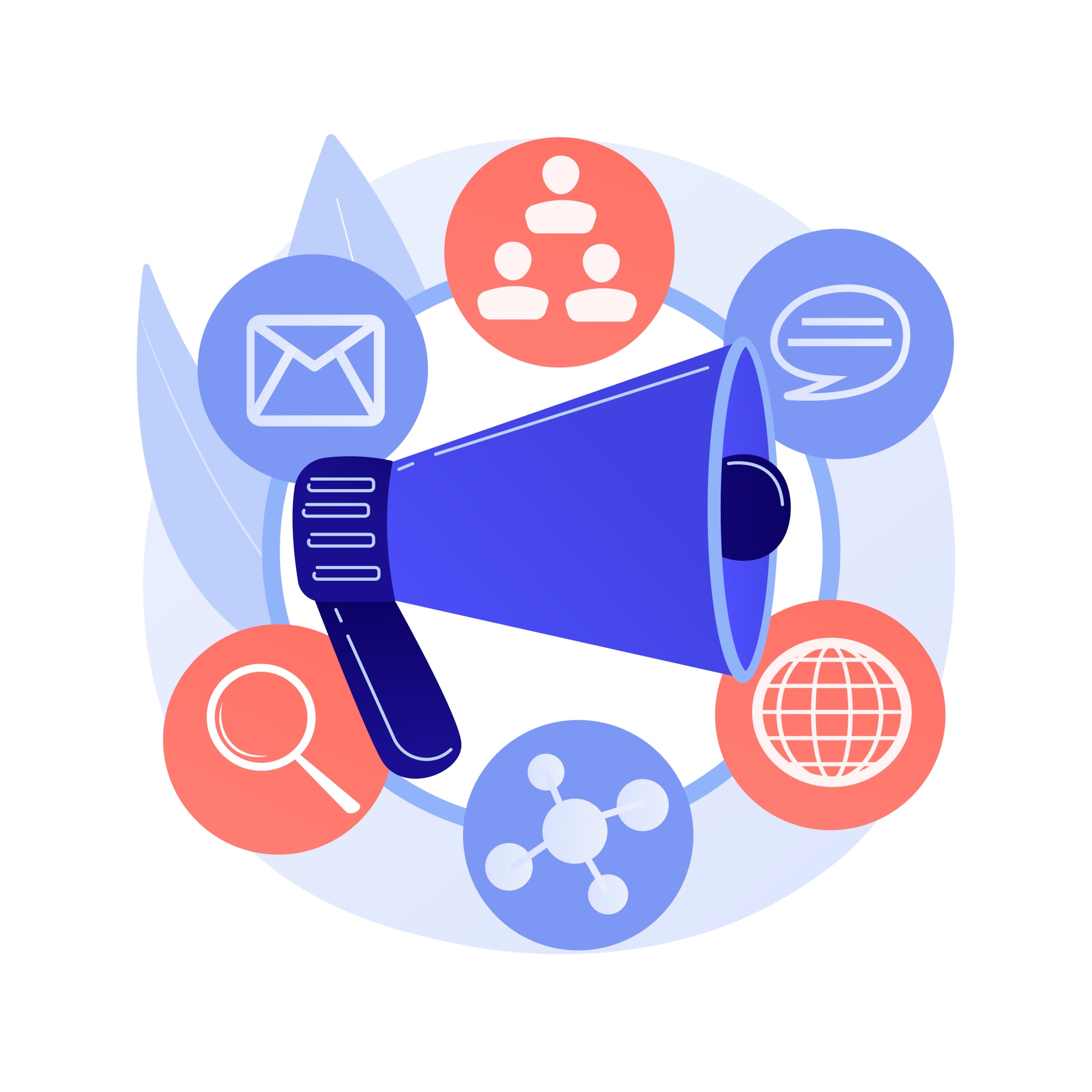 Fintech PR: Driving Growth and Building Strong Brands A blue megaphone with various icons surrounding it, representing different aspects of public relations.