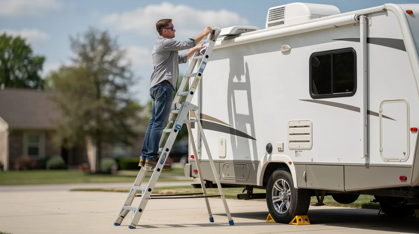 A person is standing on a stable ladder next to an RV, carefully cleaning the rooftop air conditioner shroud of a Coleman Mach air conditioner unit to ensure it operates efficiently. This regular maintenance helps prevent common issues like dirty filters and refrigerant leaks that could affect the cooling performance of the AC unit.