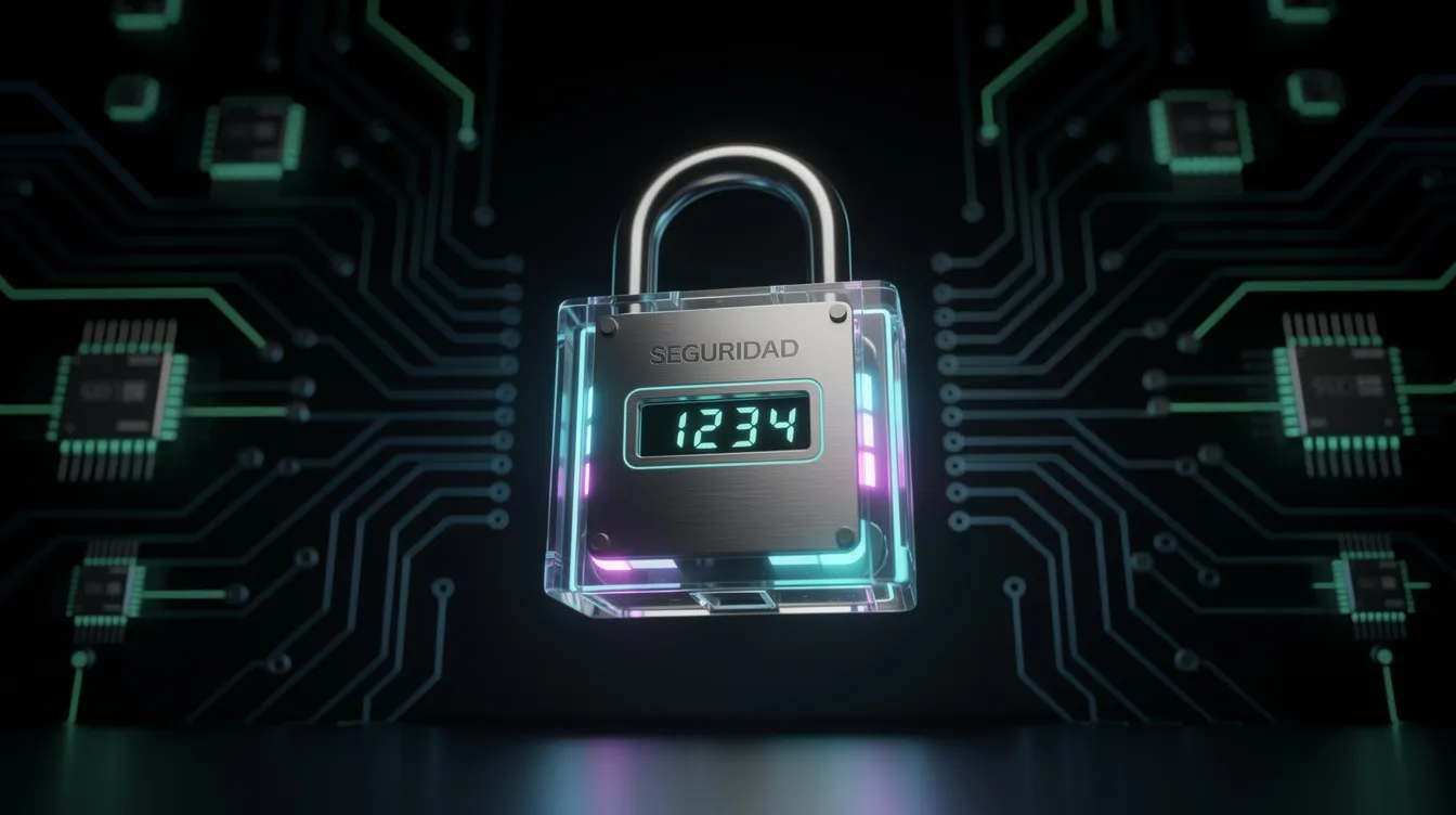 La imagen muestra un candado digital brillante que simboliza la seguridad, situado sobre un fondo oscuro decorado con patrones de circuitos electrónicos, lo que sugiere una conexión con la tecnología y la protección de datos en un sitio web. Este candado representa la autenticación y la seguridad en la instalación de WordPress y la configuración del archivo wp config.php.