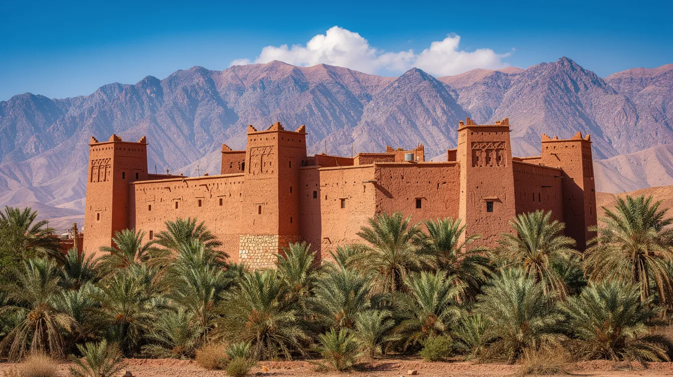 A traditional Moroccan kasbah stands majestically amidst lush green palm trees, with the stunning High Atlas Mountains rising in the background, showcasing the diverse landscapes of North Africa. This ancient structure, part of a UNESCO World Heritage site, invites visitors to explore the rich history and culture of Morocco.
