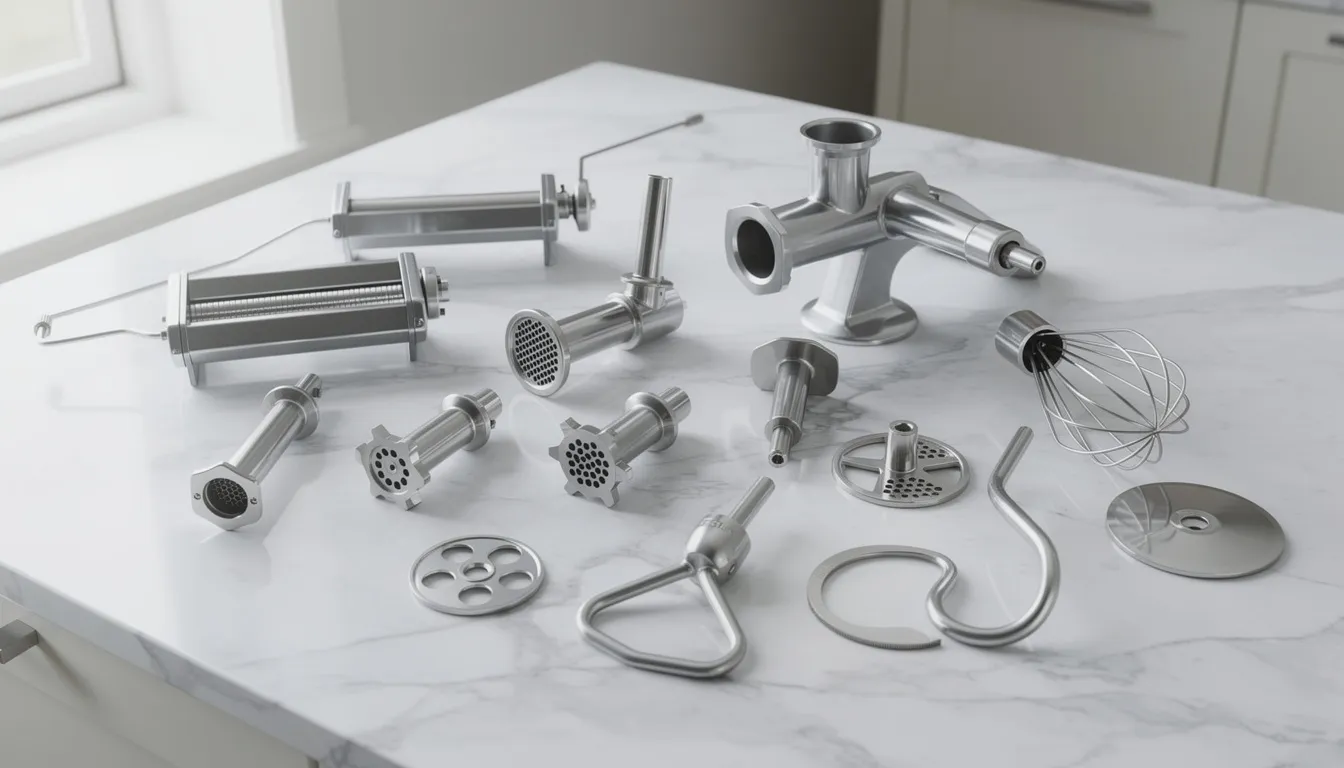 The image features a variety of kitchen mixer attachments, including pasta rollers and meat grinder pieces, neatly arranged on a marble countertop, highlighting the versatility of the Ankarsrum stand mixer. Among the attachments are dough hooks and rollers, perfect for making bread dough and cookie batters.