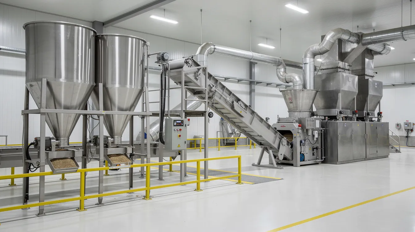The image showcases industrial grain milling machinery in a clean factory setting, featuring steel hoppers, conveyors, and grinding equipment designed for efficient grinding of raw materials like chana dal into fine particles for besan production. This advanced manufacturing process ensures uniform quality and precision, making it a staple ingredient in various cuisines.