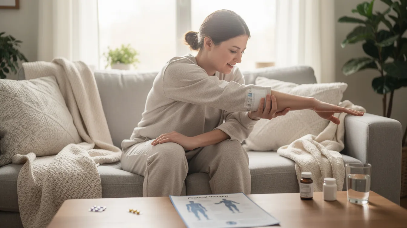 A person is gently stretching in a cozy home setting as part of their post-surgical recovery, highlighting the importance of patient safety and comfort after procedures like breast augmentation or tummy tuck. The warm atmosphere conveys a sense of healing and confidence as they embrace their recovery journey.