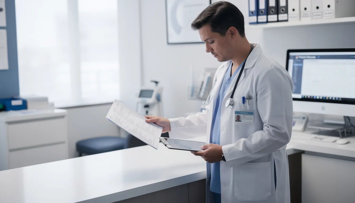 A medical professional is reviewing patient records in a clinical setting, focusing on treatment options for pelvic organ prolapse and potential complications related to surgical mesh, such as mesh erosion and urinary incontinence. The doctor appears to be assessing the patient's symptoms and planning further diagnostic imaging tests to address any issues in the pelvic region.