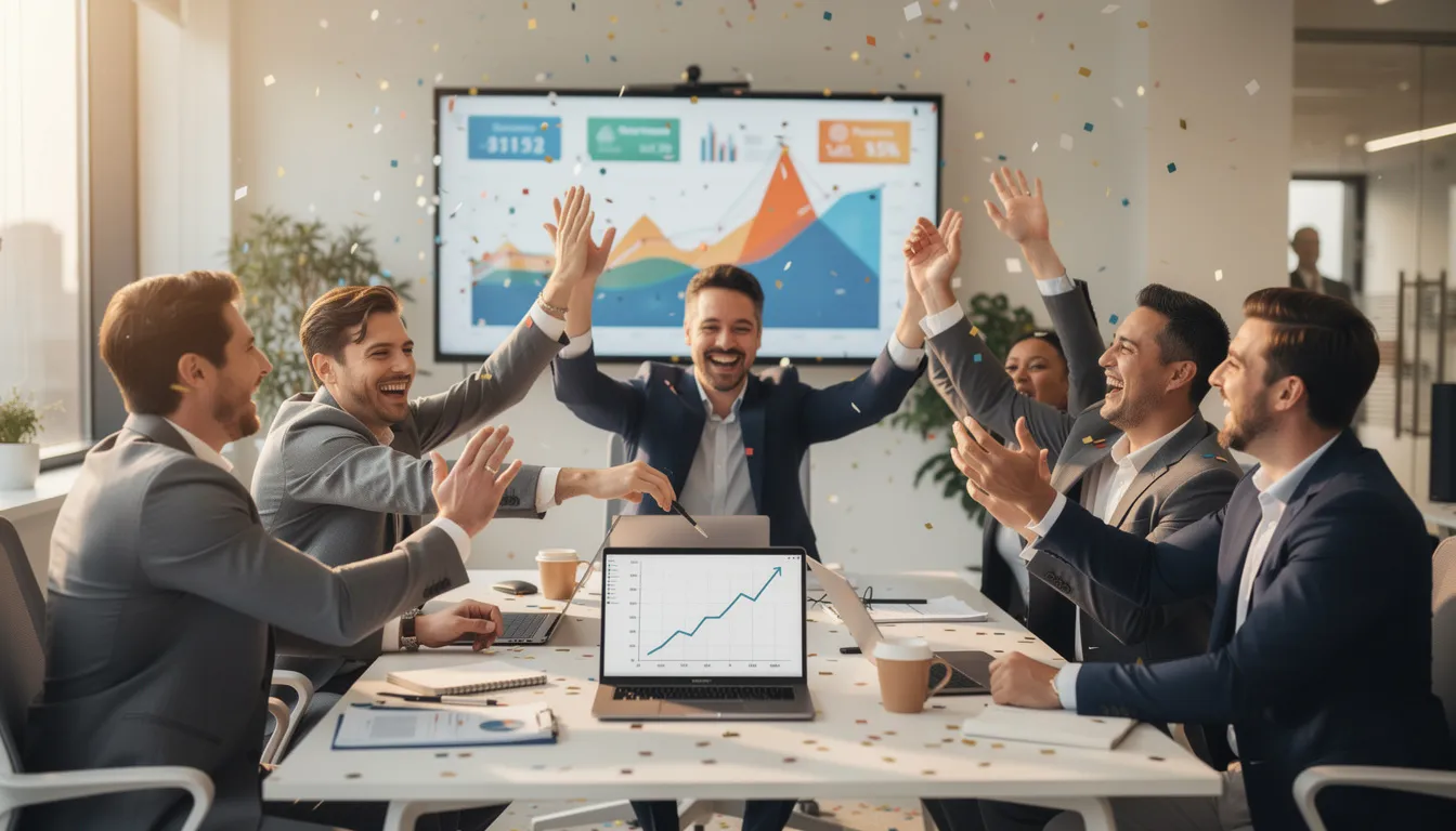 A diverse business team is joyfully celebrating their achievement together, with smiles and raised hands in a lively office environment. This moment highlights the excitement of a successful project, perfect for a press release announcing their accomplishment to media outlets and the public.