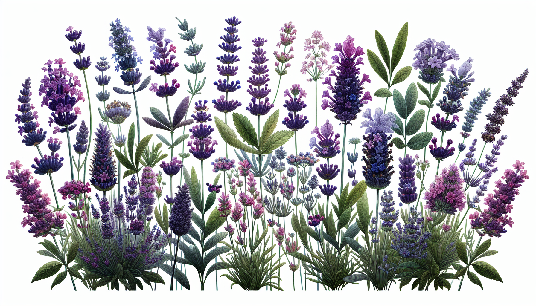 Illustration of various lavender plant species