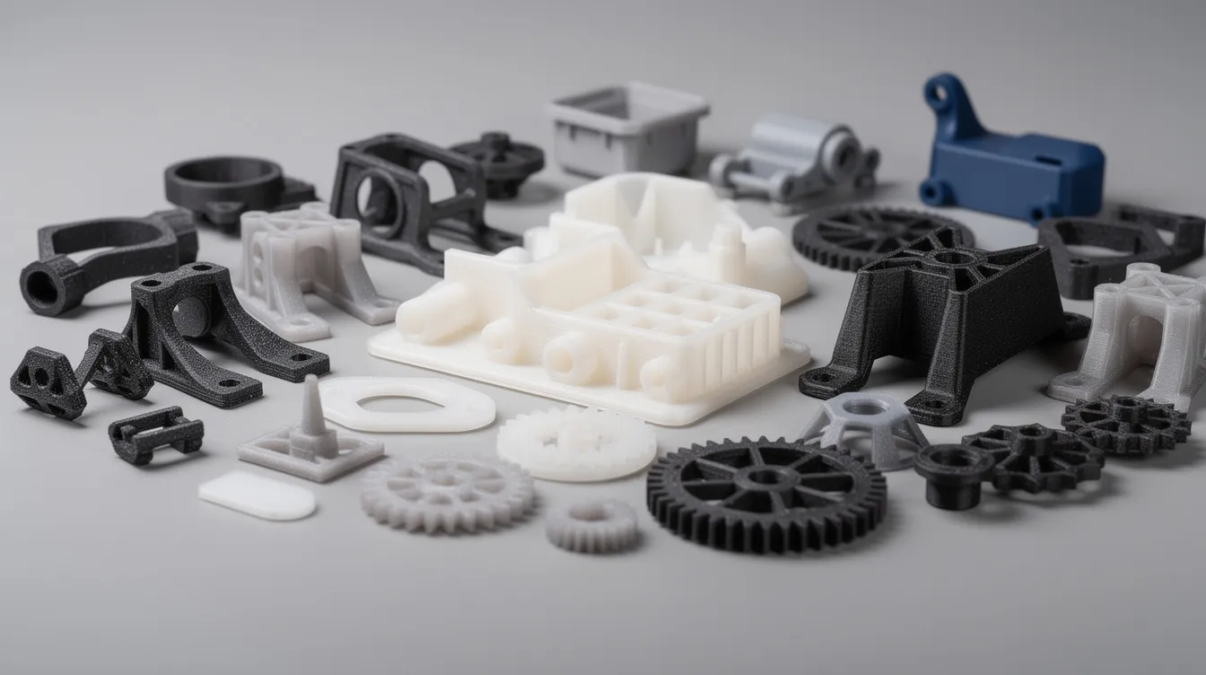 The image showcases a collection of 3D printed prototype parts made from various materials, including white SLA resin and black nylon SLS, highlighting the versatility of rapid prototyping services. These functional prototypes demonstrate advanced manufacturing technologies suited for diverse industries, emphasizing the importance of the prototyping process in product development.