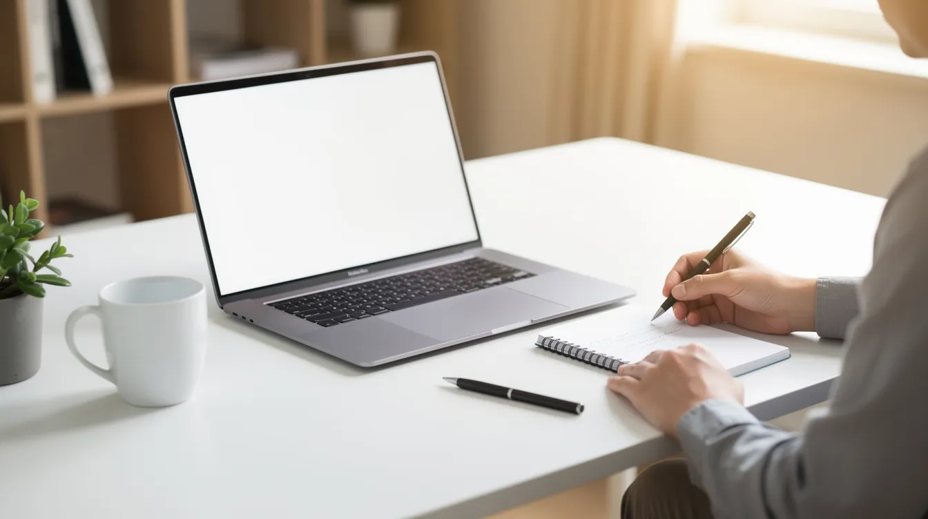 Ein übersichtlicher Schreibtisch zeigt einen Laptop, einen Notizblock und einen Stift, während eine Person Notizen macht. Diese Szene könnte für Anfänger nützlich sein, die sich mit dem Thema Bitcoin und den Kauf von Kryptowährungen auseinandersetzen möchten.
