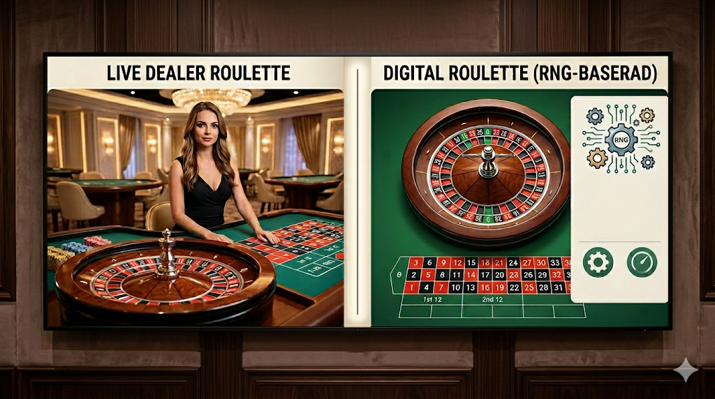 Live roulette och digital roulette jämförelse – spela roulette online med live dealer eller RNG-baserat casino spel