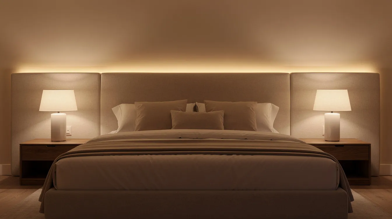 Een sfeervolle slaapkamer met warm indirect licht dat achter het hoofdeinde straalt, vergezeld door twee zachte nachtlampjes op de nachtkastjes. Deze combinatie van verlichting creëert een gezellige en uitnodigende ambiance voor een goede nachtrust.