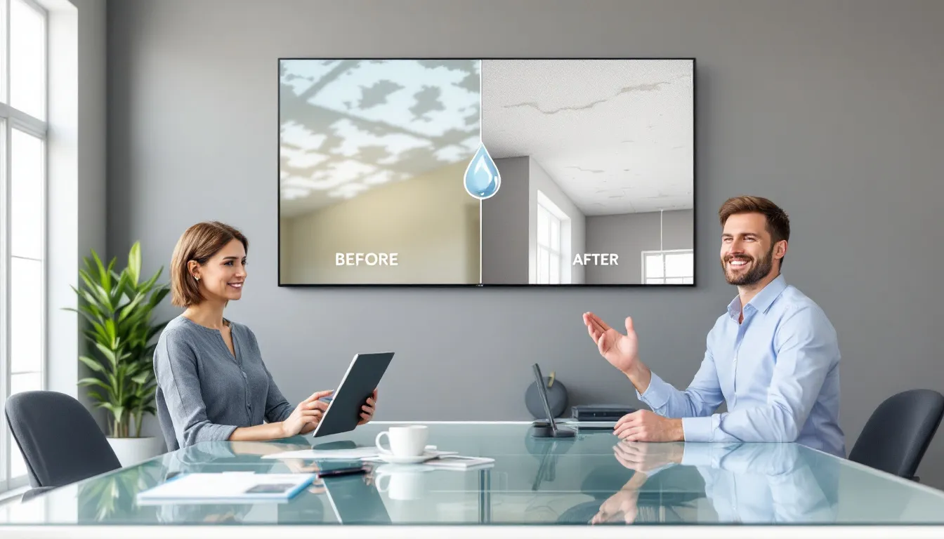 A homeowner discussing water damage claims with an insurance representative.