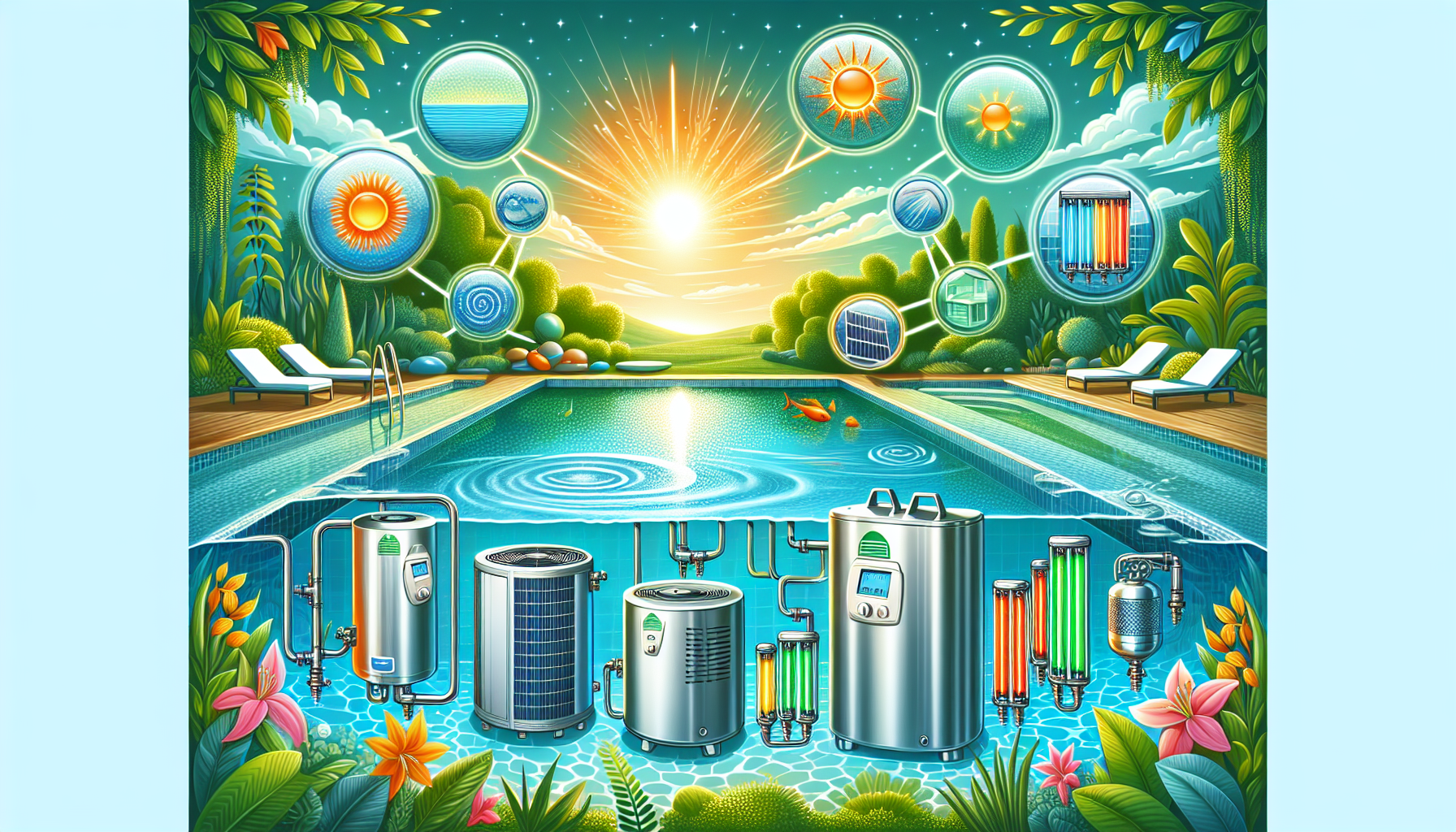 An artistic representation of various heating options for swimming pools, emphasizing environmentally friendly choices.